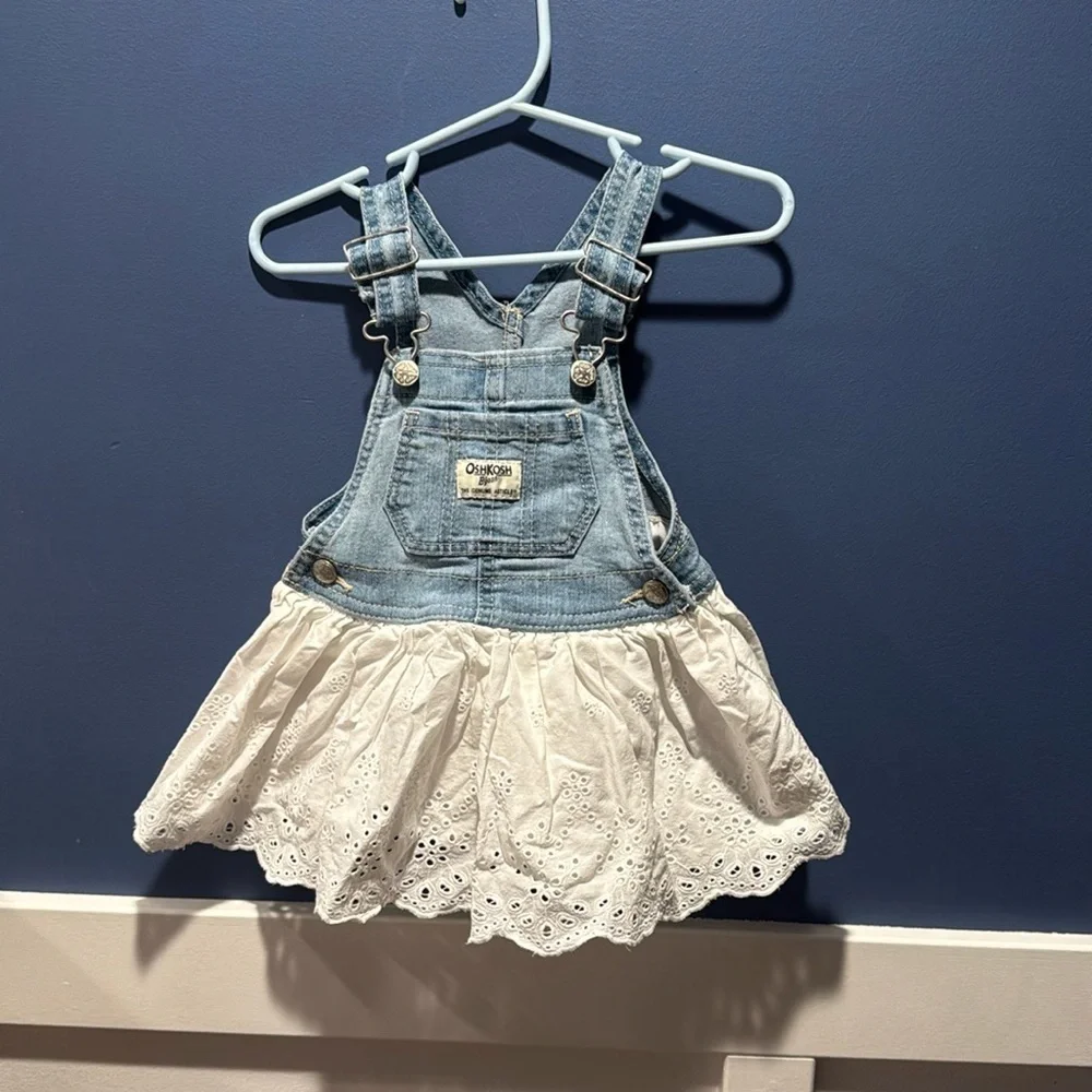 Oshkosh B'gosh Baby Girl Overall Dress 12 Months Denim And White Eyelet Skirt